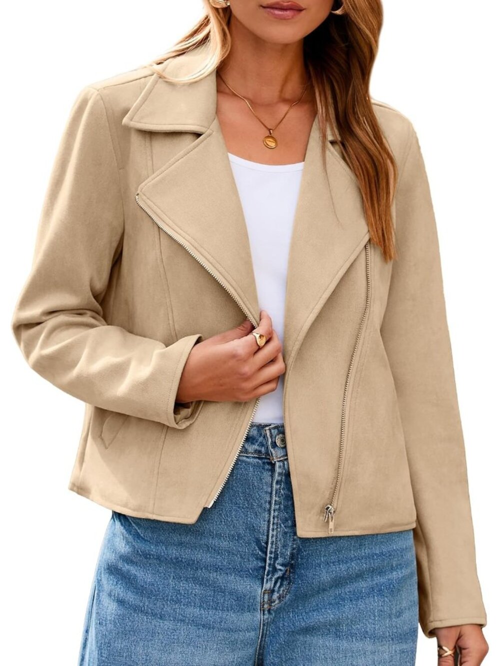 Women's Khaki Long Sleeve Faux Suede Cropped Zipper Outfits Jackets